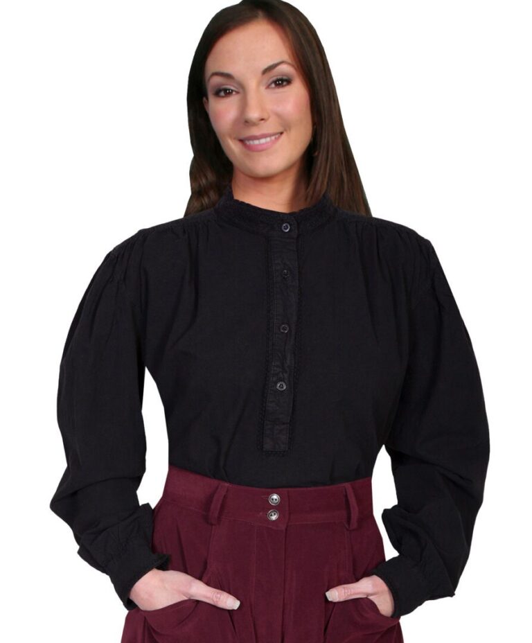 Womens Scully 1800s Banded Collar Black Pullover Blouse