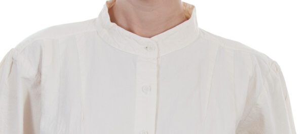 A woman wearing a Womens Scully Ranch Style Banded Collar Ivory Shirt.