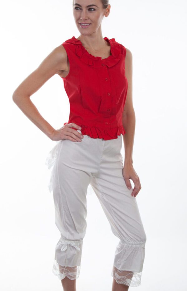 A woman wearing a red top and Scully Womens White Bustle Back Ruffles Bloomers.