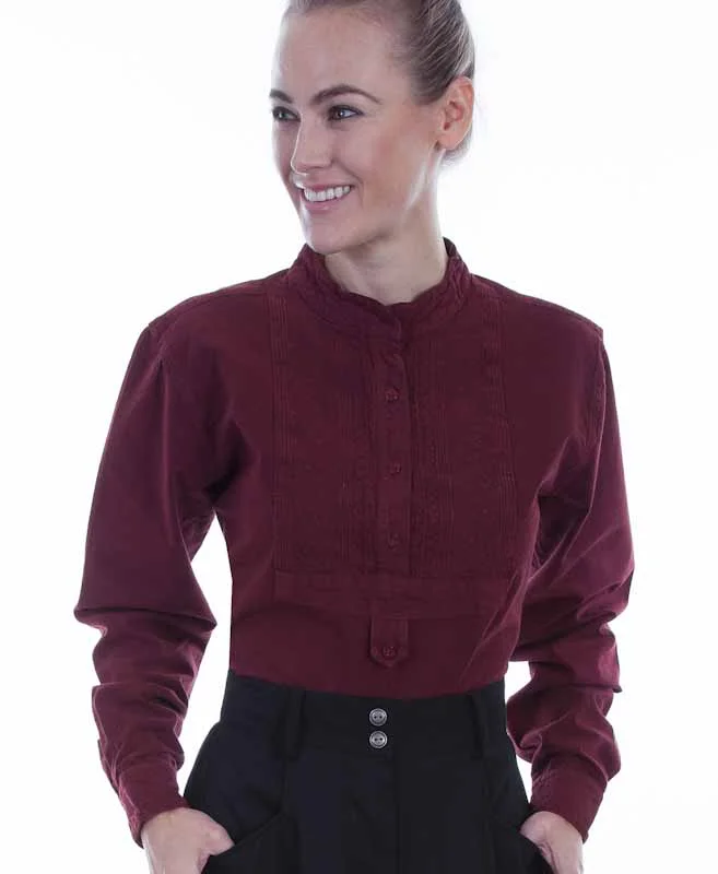Scully Women's Banded Collar Burgundy Blouse paisley embroidered 1 Scully Women's Paisley Bib Banded Collar Shirt
