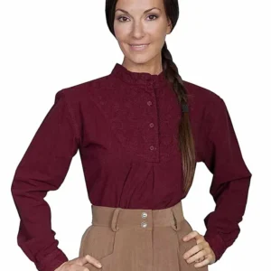 Womens Paisley Round Bib front Burgundy blouse