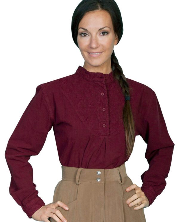 Scully Womens Paisley Round Bib front Burgundy blouse