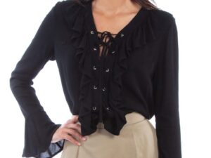 Womens Tie Up Black Ruffle Front Shirt Bell Sleeve Blouse