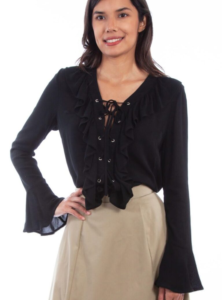 Womens Tie Up Black Ruffle Front Shirt Bell Sleeve Blouse