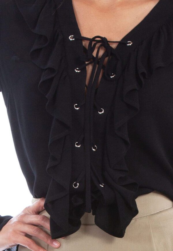 A woman wearing the Scully Womens Tie Up Black Ruffle Front Shirt Bell Sleeve Blouse.