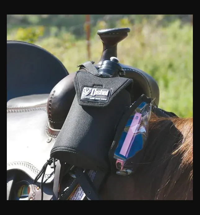 A horse's Horse Saddle GPS Water bottle holder with a cell phone attached to it.
