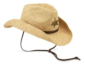 Kids palm Straw cowboy hat with bronze sheriff badge