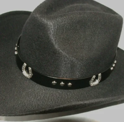 <div class="qsc-html-content"> Rhinestone Silver Studs Horseshoe Cowboy Hat Band <ul style="list-style: square inside none;"> <li>Black Leather</li> <li>rhinestones</li> <li>1" wide</li> <li><span style="color: #0000ff;">USA MADE </span></li> </ul> </div> •