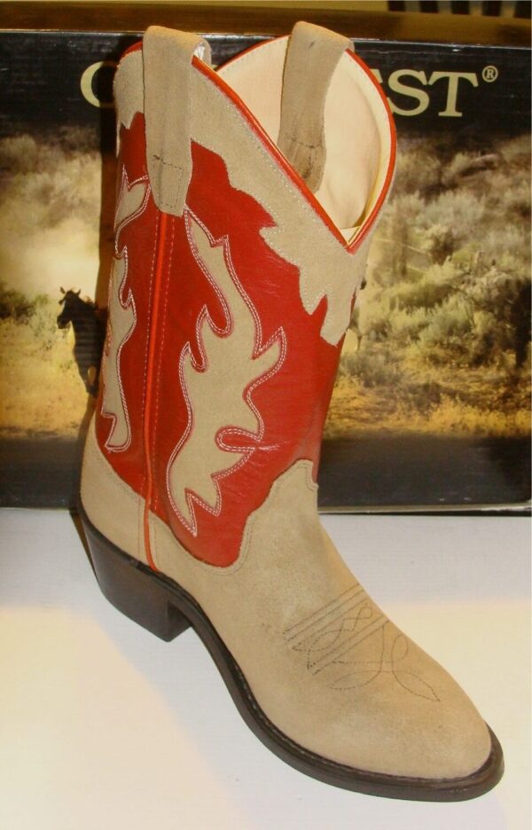 A pair of Youth SIZE 4.5 Red shaft, Roughout leather cowboy boots with red and tan accents.