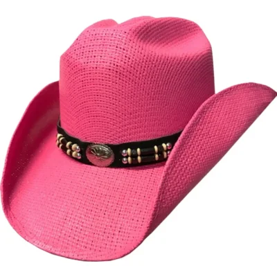 Junior Hot Pink Straw Kids Cowboy hat with beaded concho hat band