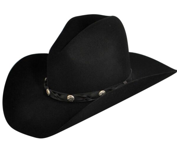 A Redhill Black Wool Gus Crown Old West Cowboy Hat USA MADE with silver buttons.