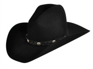A Redhill Black Wool Gus Crown Old West Cowboy Hat USA MADE on a white background.