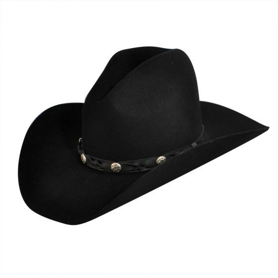 A Redhill Black Wool Gus Crown Old West Cowboy Hat USA MADE on a white background.