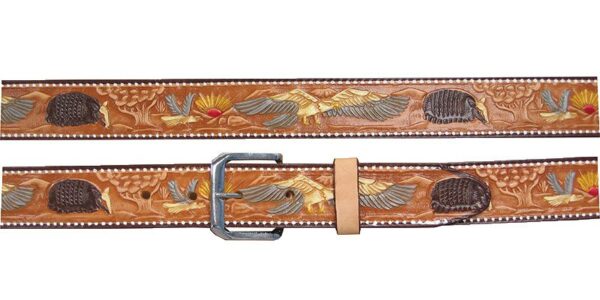A Brown Eagle Print Leather Western Belt with an eagle and birds on it.