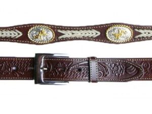 Bronco Silver Concho Brown Leather Rawhide Western Belt