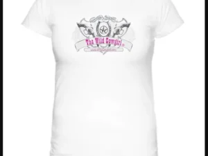 A "The Wild Cowgirl" Logo Women White short sleeve western T-shirt with a pink logo.