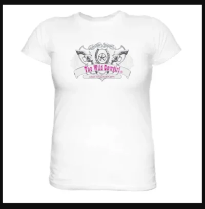 A "The Wild Cowgirl" Logo Women White short sleeve western T-shirt with a pink logo.