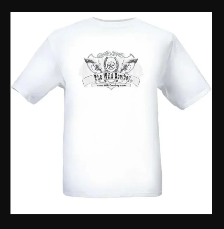 The Wild Cowboy" Logo Mens White short sleeve western T-shirt with a black and white design.
