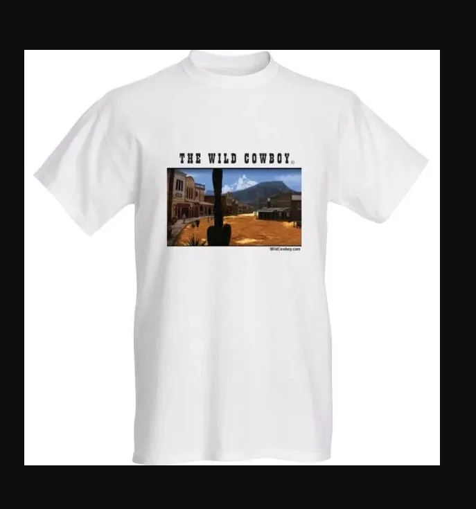 The Wild Cowboy" Mens White short sleeve western Town T-shirt with a picture of a city.