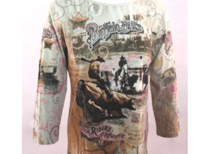 A women's "Buffalo Bill" Rhinestone western shirt USA made with an image of a woman riding a horse.
