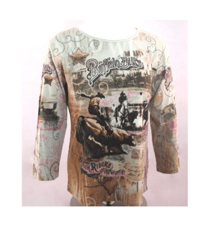 A women's "Buffalo Bill" Rhinestone western shirt USA made with an image of a woman riding a horse.