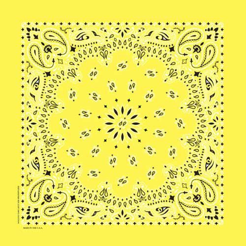 A yellow USA Made Paisley Western bandana with black and white designs.