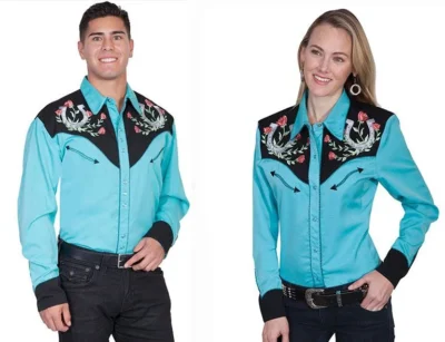 his and hers turquoise and black retro vintage pearl snap western shirt