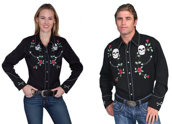 A man and woman wearing the "Skull & Roses" Scully Womens Black Western Shirts.