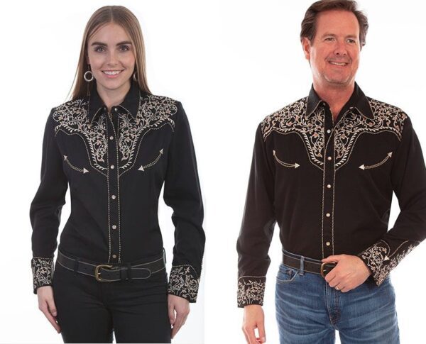A man and woman wearing the Scully Women's Ivy Embroidered Black Western Shirts.