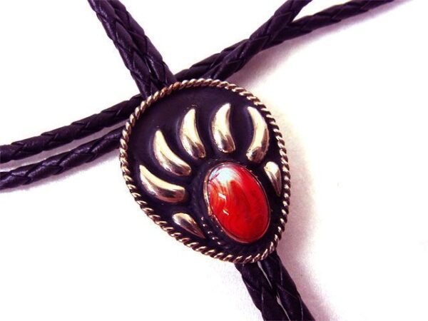Red Stone Silver Raised Bear Claw Bolo Tie
