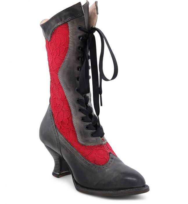 A Abigale Black Rustic Leather & Lace Red Womens Granny Boots.