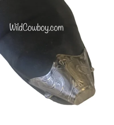 Laser Etched Antique Silver Cowboy Boot Tips <ul> <li>1-1/2" coverage</li> <li>Sterling Silver plated</li> <li>snip toe</li> </ul> •