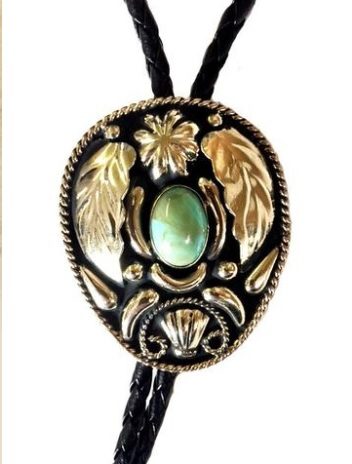 A black and gold Silver Leaf Turquoise Bolo Tie.
