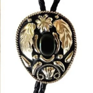 Black Stone Bolo Tie with Silver leaf