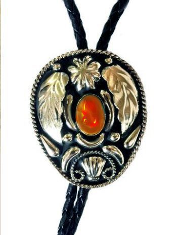 A silver and opal necklace with a Silver Leaf Tiger Eye Stone Bolo Tie stone.