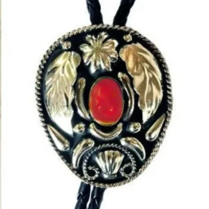 Red Stone Bolo Tie with Silver leaf design