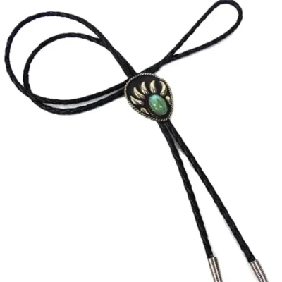 silver western bolo tie string with bear claw