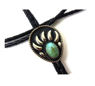 silver western bolo tie string with bear claw