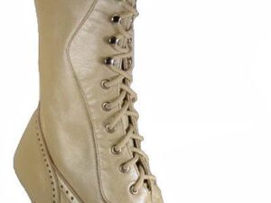 A women's beige leather boot with laces.