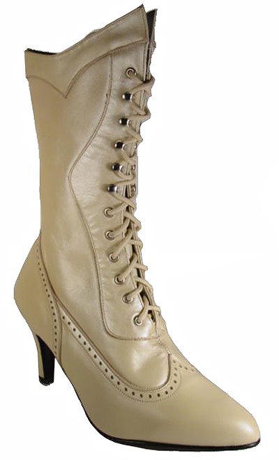 A women's beige leather boot with laces.