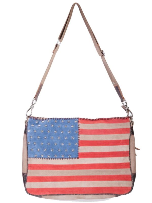 A Scully USA American Flag Cross Body Suede Handbag Purse with a leather strap.