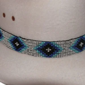 Blue and Black beaded Navajo design white stretch hat band.