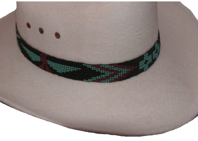 A Turquoise Hand Beaded Firebird Cowboy Hat Stretch Band with a beaded belt.