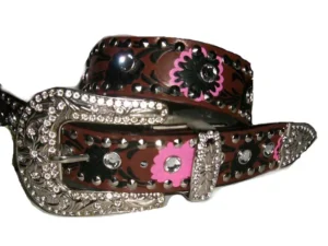 brown leather rhinestone western belt with pink flowers