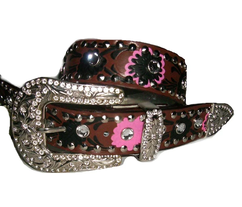 brown leather rhinestone western belt with pink flowers