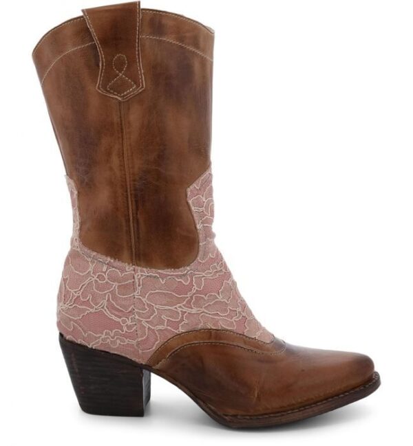 A Basanti Side Zipper Tan Leather Women's Granny Boot with pink lace.