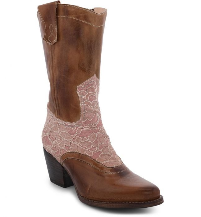 A Basanti Side Zipper Tan Leather Pink Lace Women's Granny Boots with pink lace.