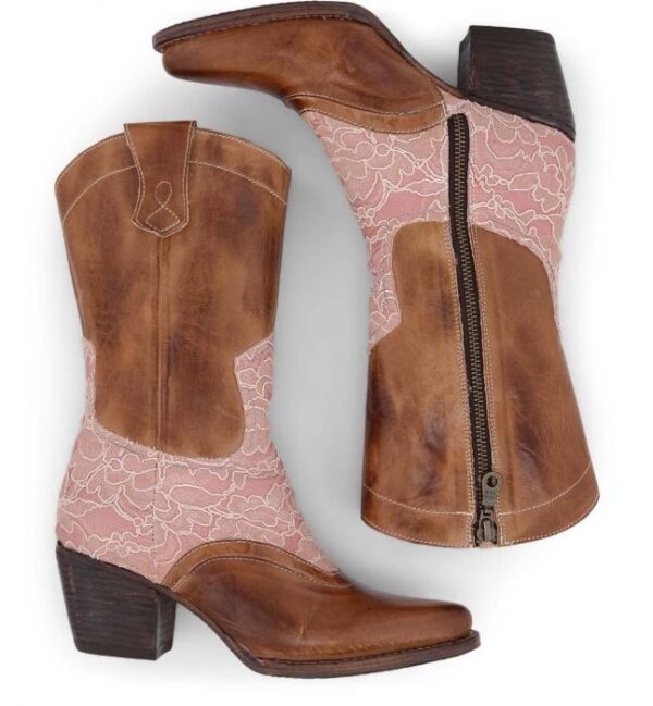 A pair of Basanti Side Zipper Tan Leather Pink Lace Women's Granny Boots.