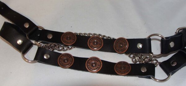 A black leather belt with Shotgun Shell Concho Leather Cowboy Boot Chains and a buckle.