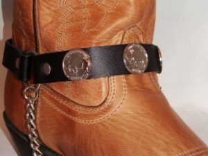 A pair of Buffalo Nickel Concho Leather Cowboy Boot Chains with a chain and a coin.
